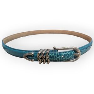 Brighton Turquoise Croc-Embossed Leather Belt with Decorative Silver Buckle
